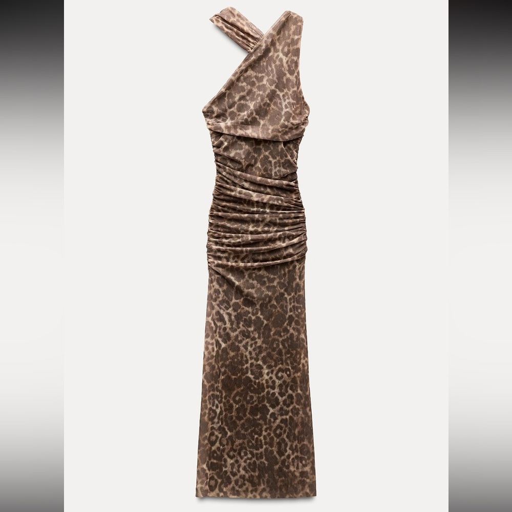 Zara Brown Leopard One-Shoulder Dress